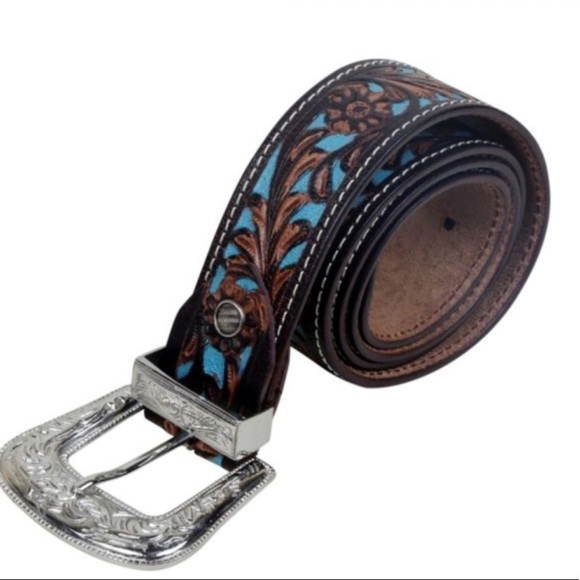 Myra turquoise hand tooled, painted leather belt main image 5